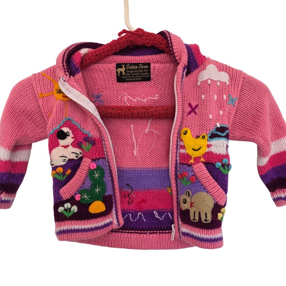 Fashion Forum Hand Knit Hooded Sweater Pink Animal Embroidered Peru Kids